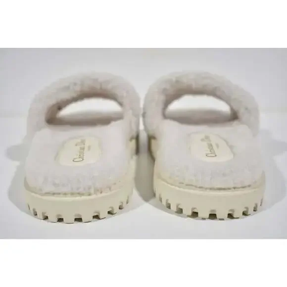 Christian Dior Dway Blue White Shearling Fur Logo Chunky Slide Flat Sandal 40